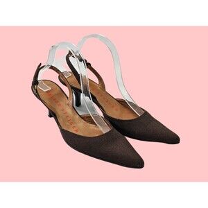 LM Women's 37.5 Walter Steiger Pointed Toe Slingback High Heels Brown Linen EUC